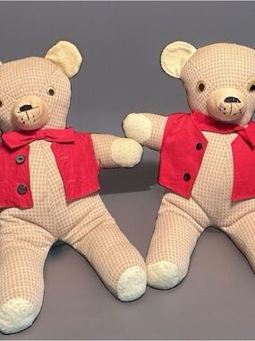 (2) Vintage Handmade Gingham Cloth Matching Teddy Bears w/Red Vests & Bow ties
